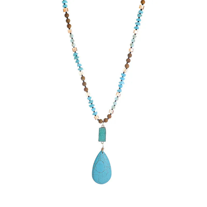 Turquoise blue big water drop pendant necklace with heart-shaped mixed gem design on ball bead chain