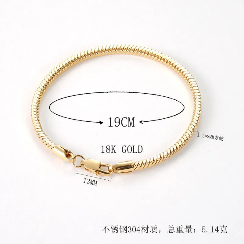 Stainless steel snake chain bracelet in silver tone, geometric line design with electroplated finish