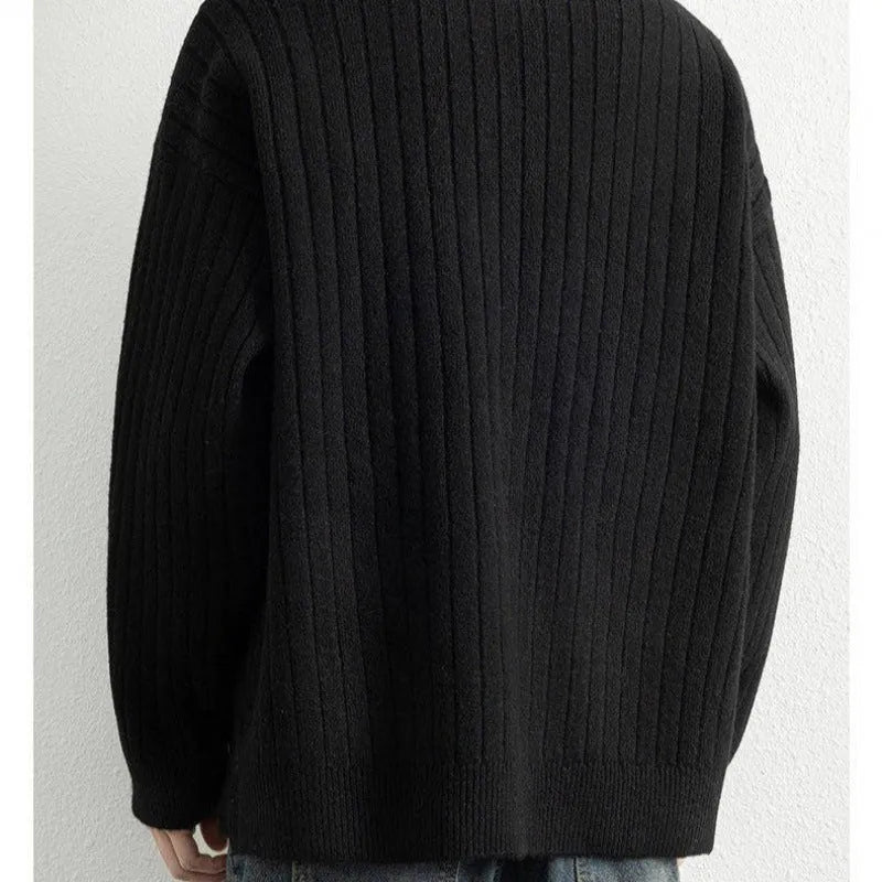Gray men's loose half-zip textured knit sweater on a hanger.