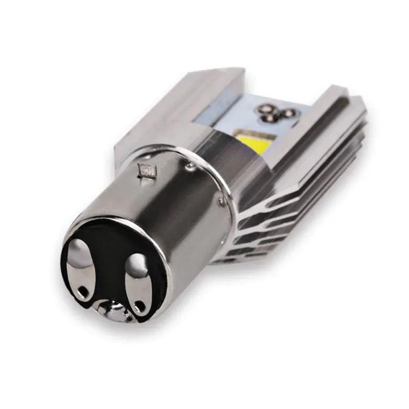 Motorcycle LED headlight with double claw H6 base and aluminium construction for 12-80V vehicles