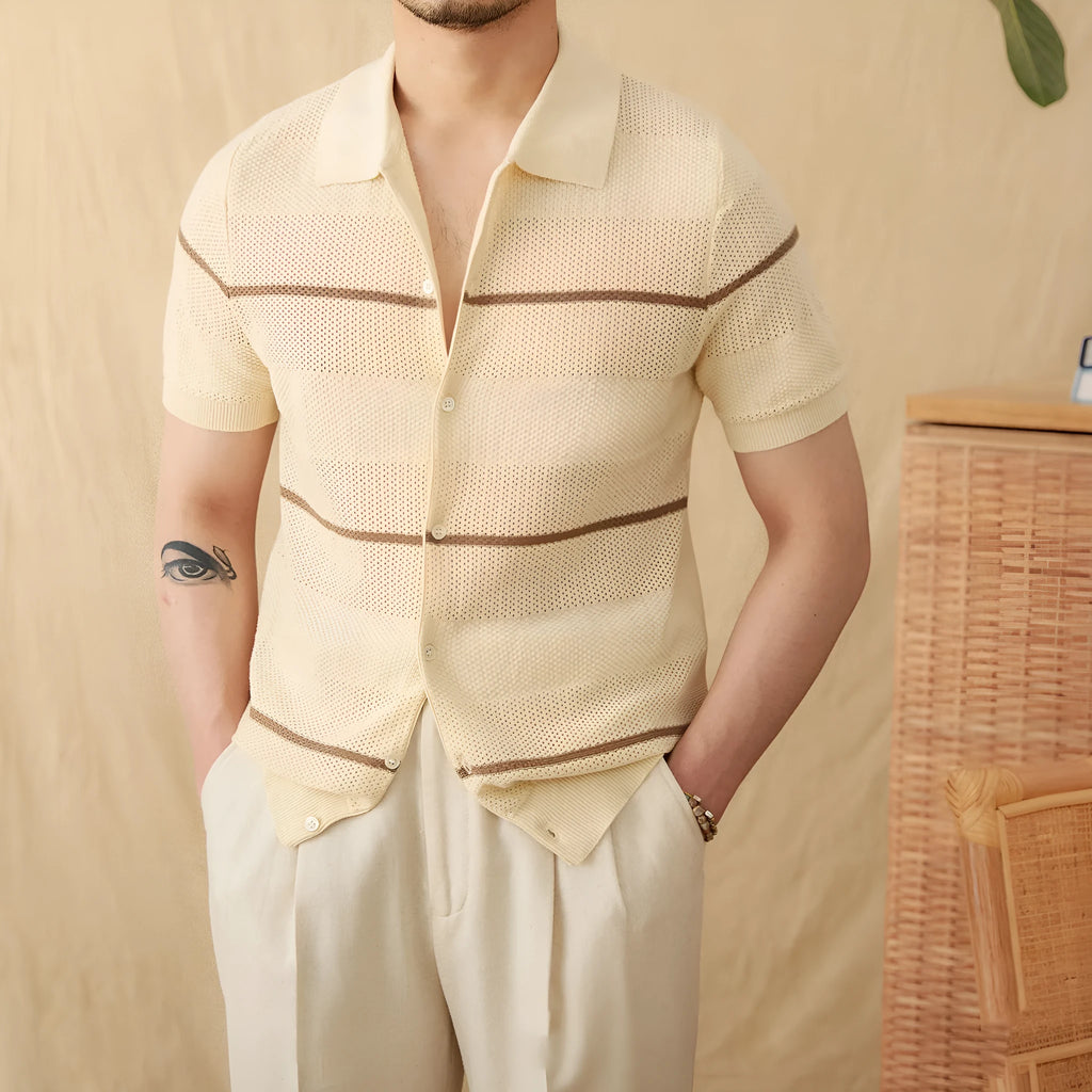 Casual lapel cardigan in thin cotton linen blend fabric, camel colour with short sleeves
