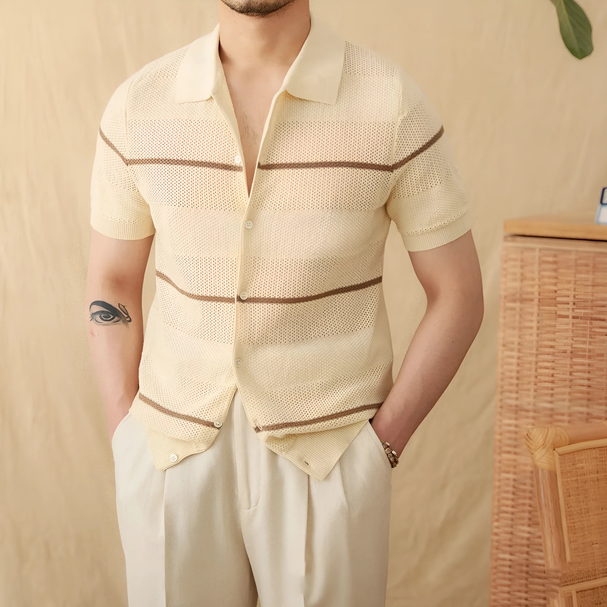 Casual lapel cardigan in thin cotton linen blend fabric, camel colour with short sleeves