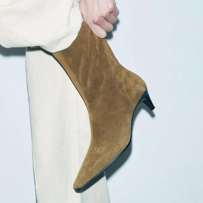 Brown square toe mid-calf boot with a side zip and a kitten stiletto heel on a white background.