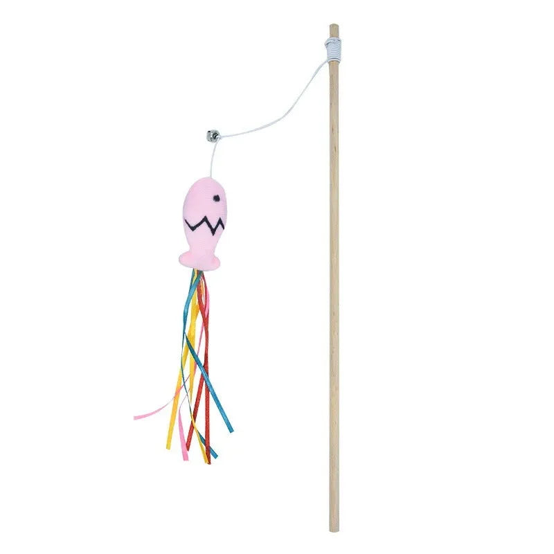Wooden handle cat wand toy with catnip fish, ribbons and bell attachment in blue colour