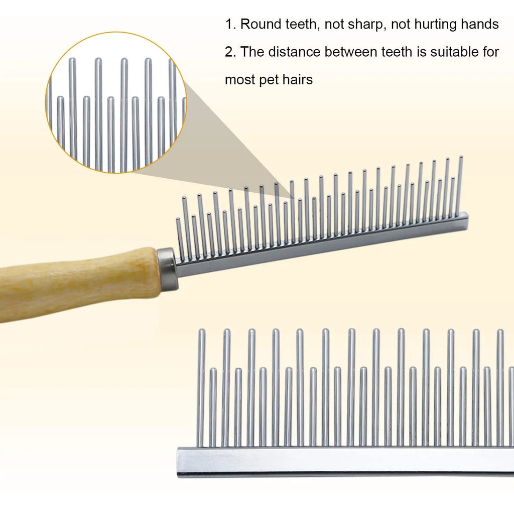 Wooden handled pet grooming comb with round-tipped teeth, shown next to a dog.