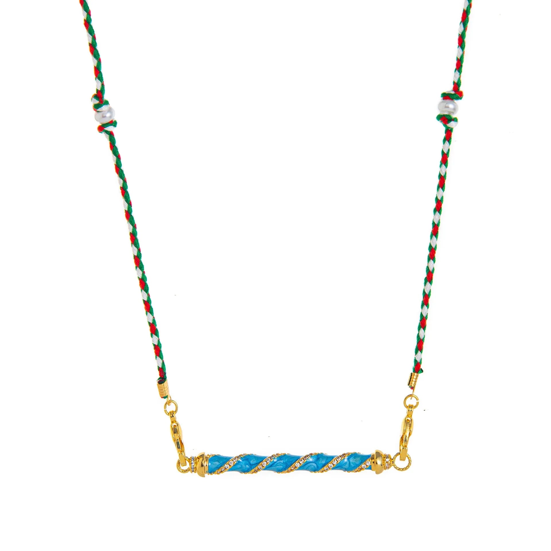 Copper geometry pendant necklace for men with star and eye motifs in blue colour on regular chain