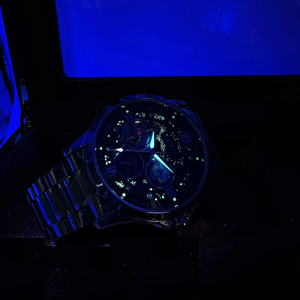 Automatic mechanical men's watch with rose gold shell and black surface on large dial