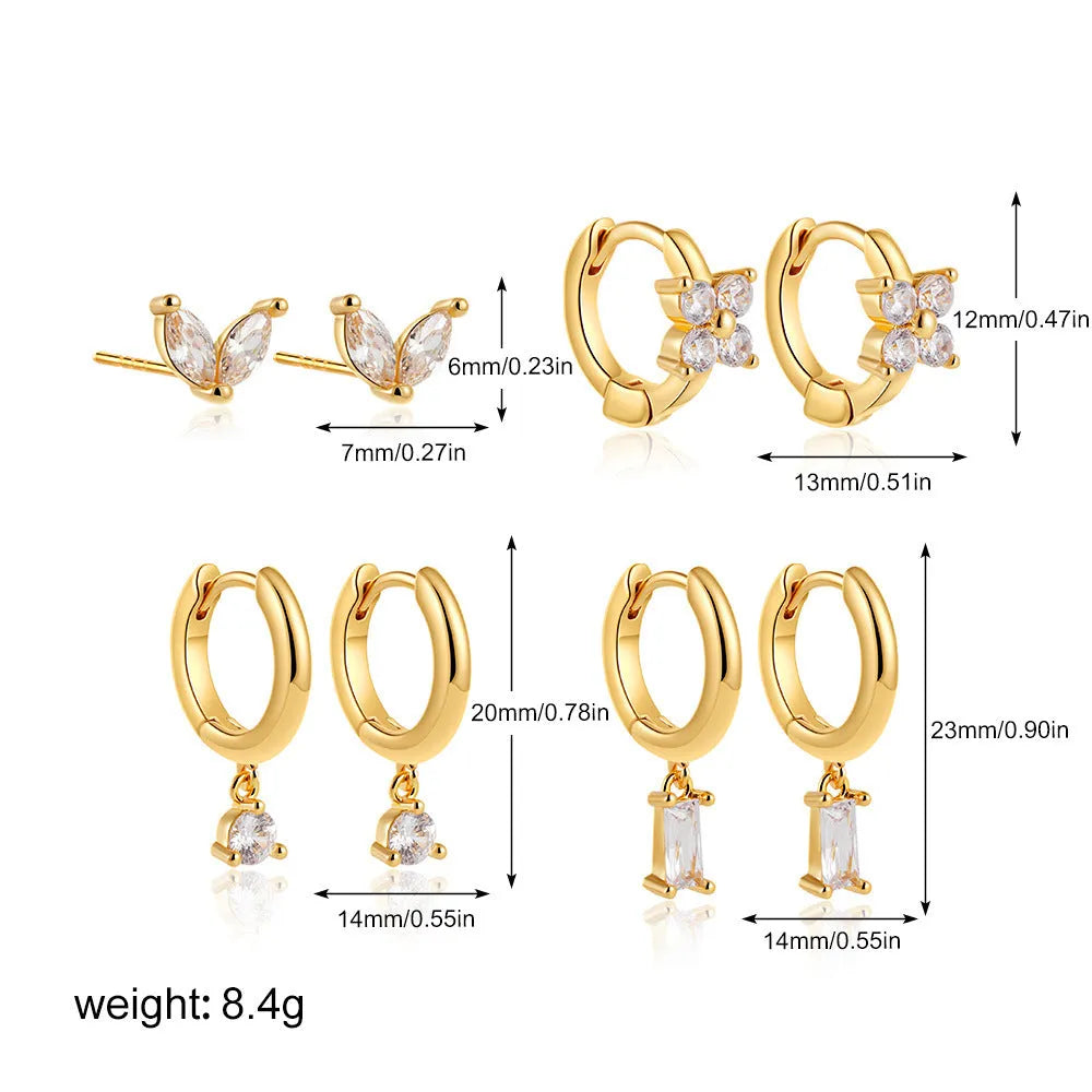 Set of four geometric copper earrings with gold or silver electroplating