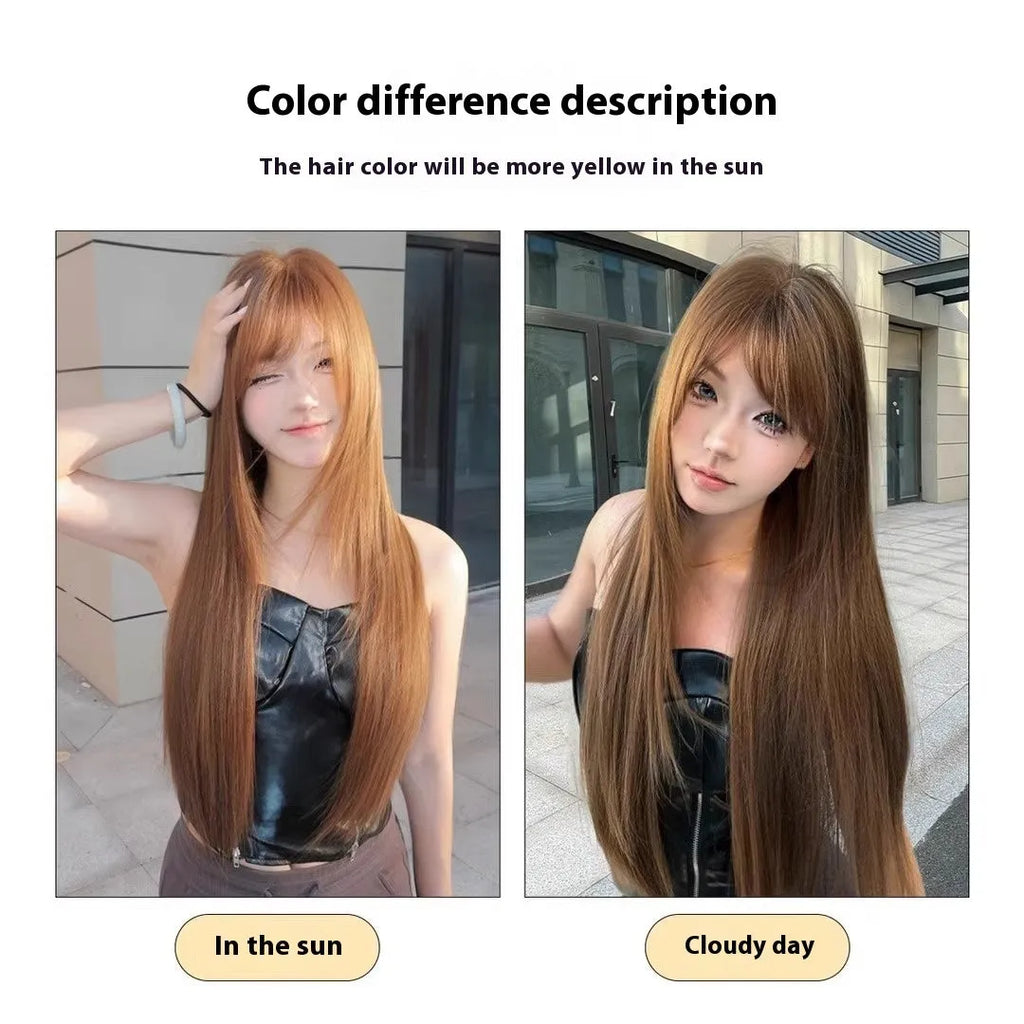 Warm tea chestnut brown long straight synthetic wig with fringe on a model or stand.