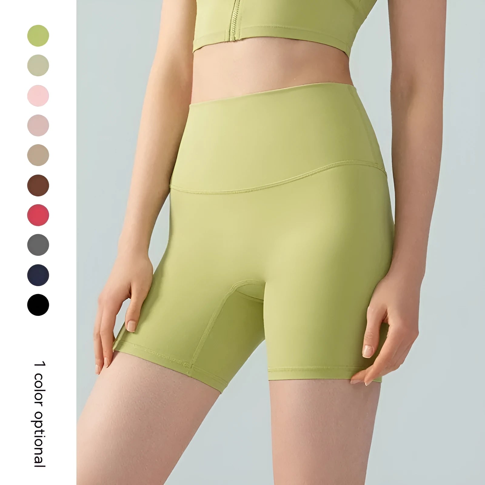 Women's high waist leaf green Lycra yoga shorts for fitness and cycling.