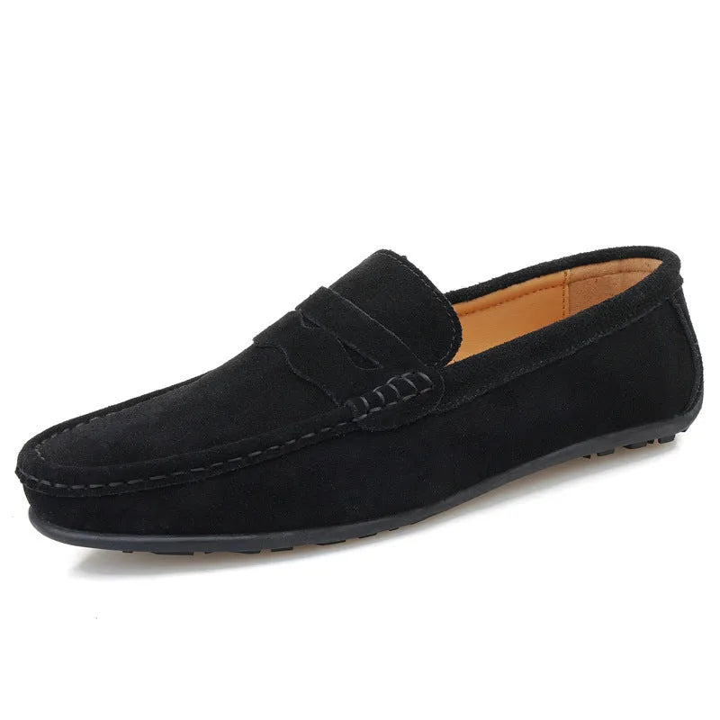 Men's suede leather loafers in solid colours with round toe and flat rubber sole