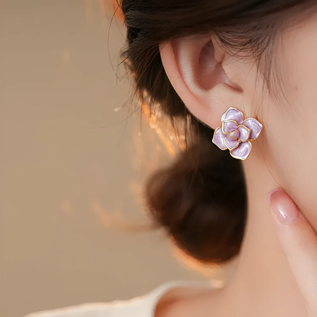 Gold plated purple oil-spot glaze floral stud earrings with copper base and fresh design