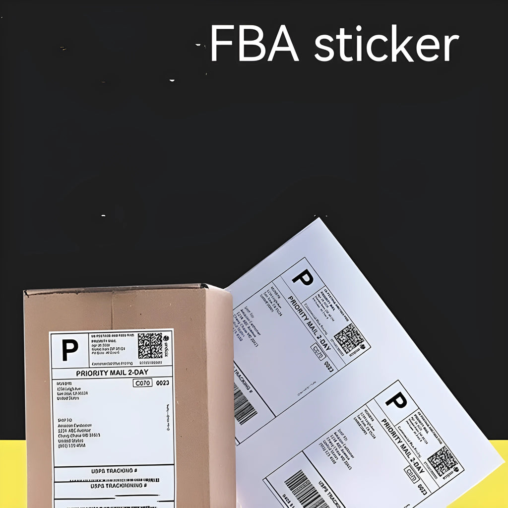 Pack of A4 FBA label paper sheets showing various pre-printed grid formats for barcodes.