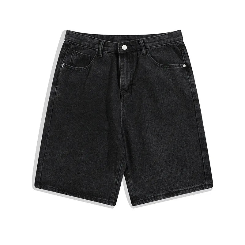 Men's light blue denim shorts with a straight-leg cut and five-point design on a mid-waist.