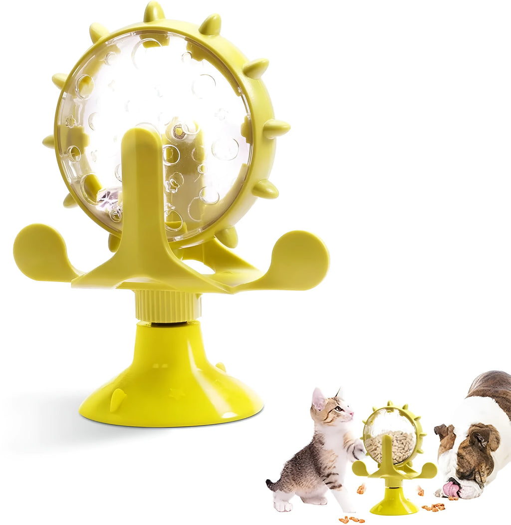 Interactive pet spinner toy in blue, green, red, or yellow with treat holes and suction base.