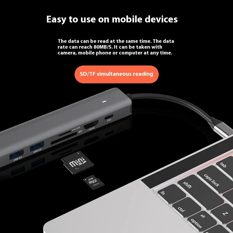 LQT-LH07 7-in-1 USB-C card reader and PD computer hub showing custom logo area.
