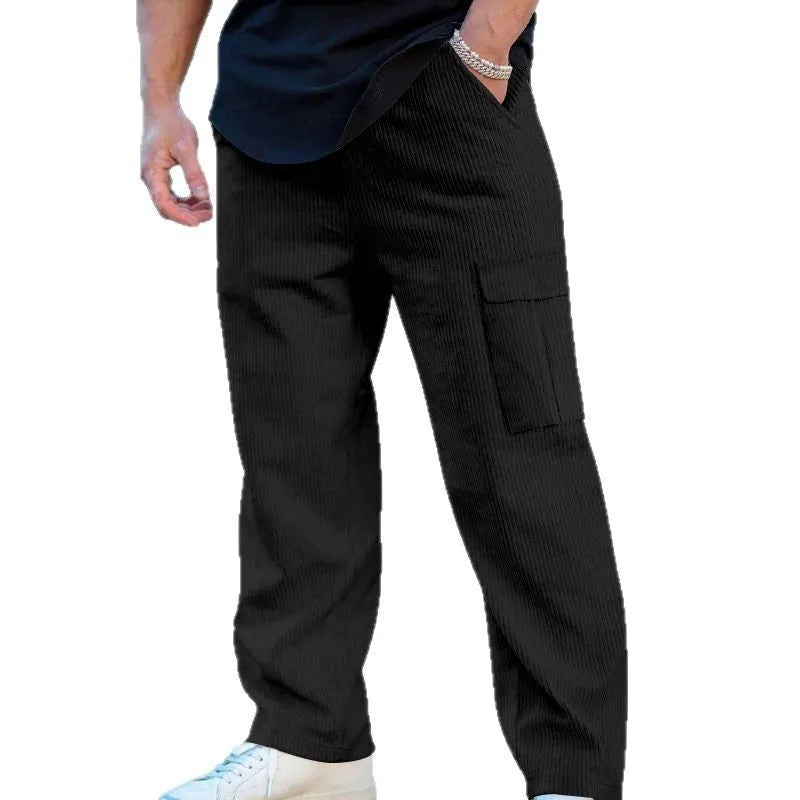 Men's straight-leg corduroy cargo trousers in brick red with a drawstring waist