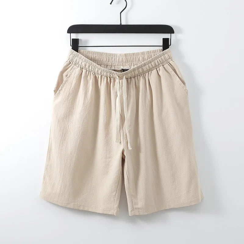 Plus size men's cotton linen shorts in white, mid waist straight leg cut, sizes M to 9XL