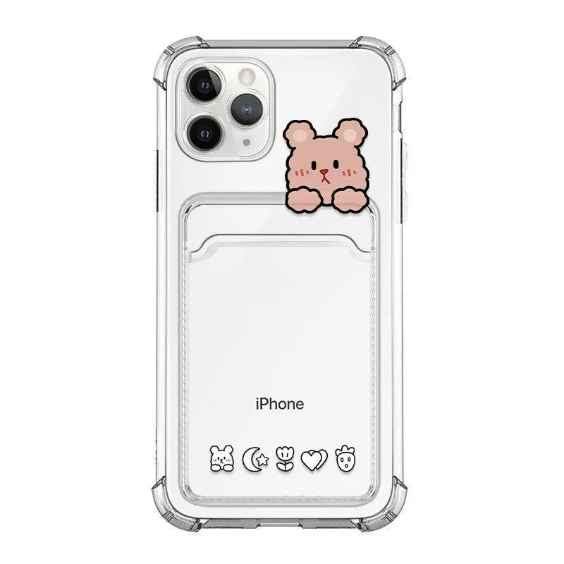 Transparent cartoon-design phone case with a card slot on the back, fitted on an iPhone.