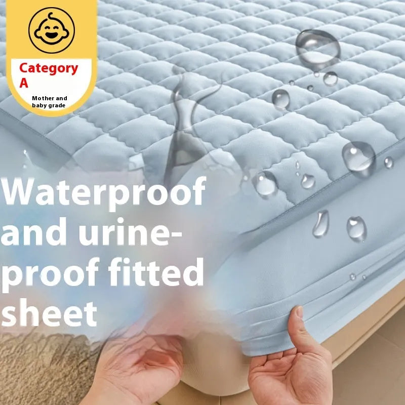 Blue waterproof fitted sheet with elasticated corner on a mattress