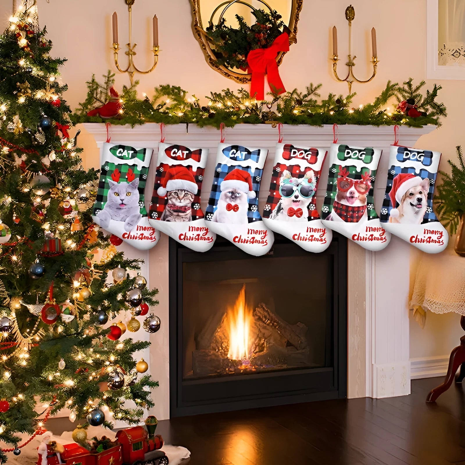 Printed cloth Christmas banner with plaid puppy and cat patterns measuring 26x36cm