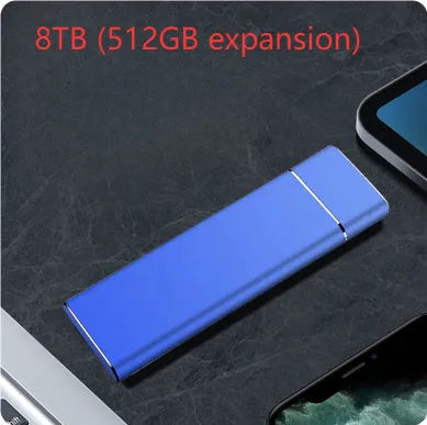 Sapphire blue portable solid state external hard disk with metal shell showing compact design