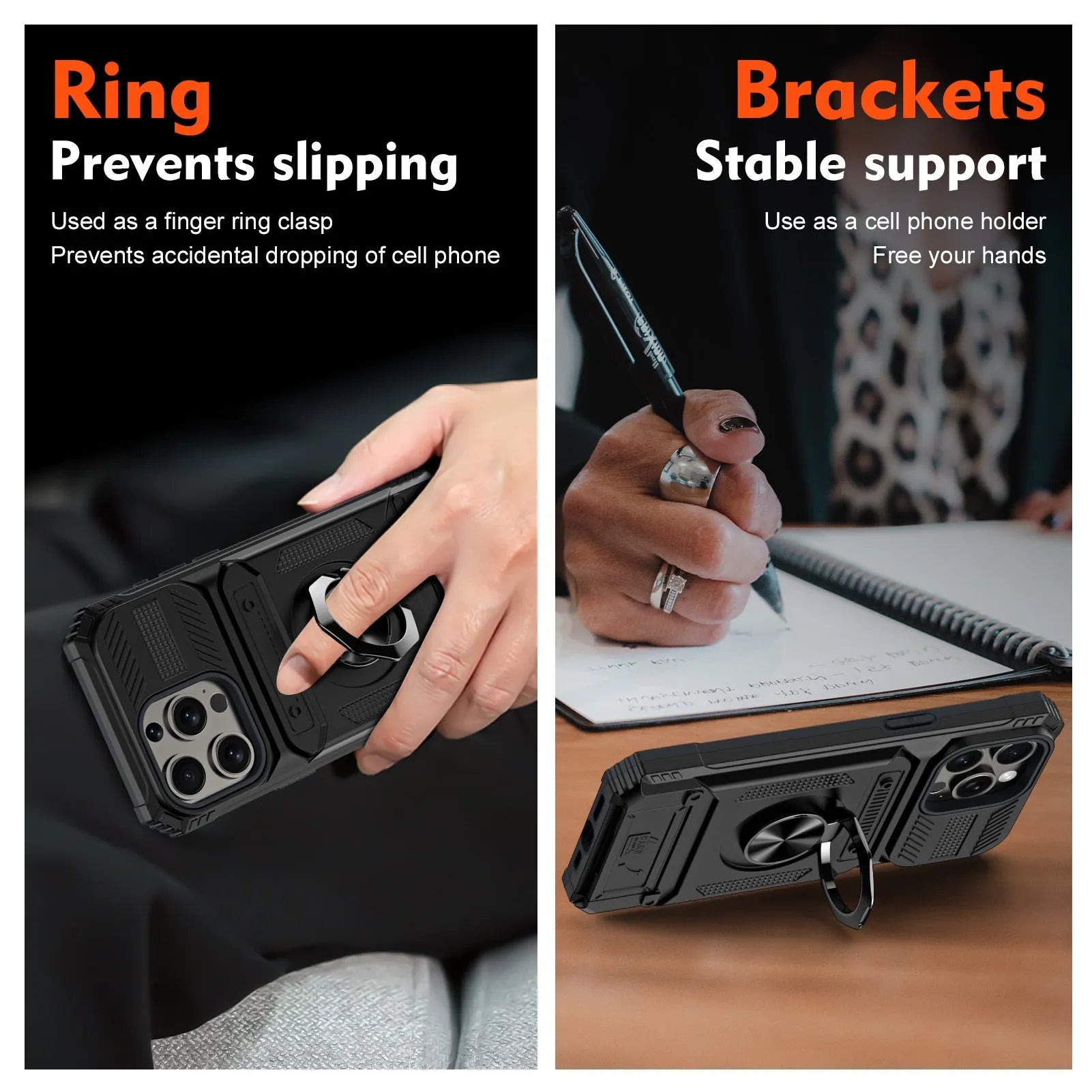 Black TPU PC metal phone case with hidden card slot and magnetic bracket for iPhone 15 Pro Max