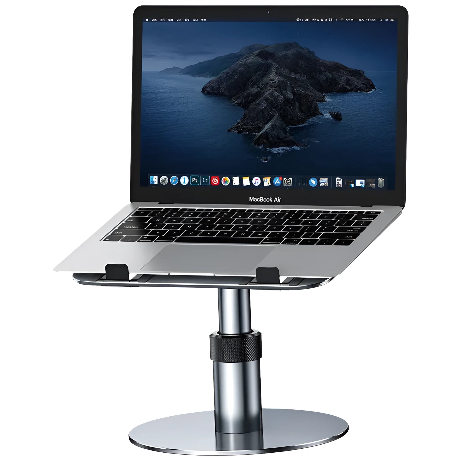 Silver adjustable aluminium car laptop stand with rotating base and non-slip pads.