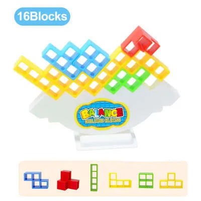 Balance stacking board game with 16 plastic coloured building blocks, base and chassis on a flat surface