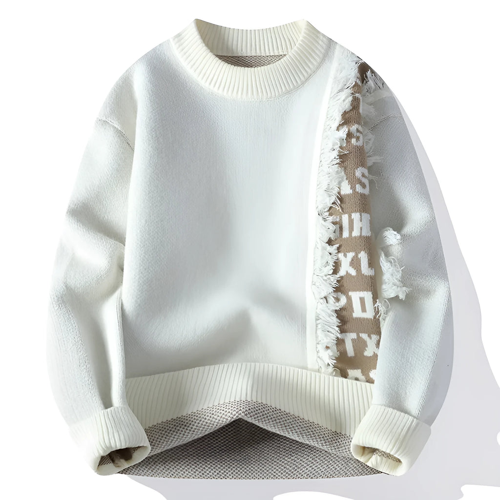 Men's loose grey knitted pullover jumper with ribbed hemline, long sleeves, and a rabbit fur blend fabric.