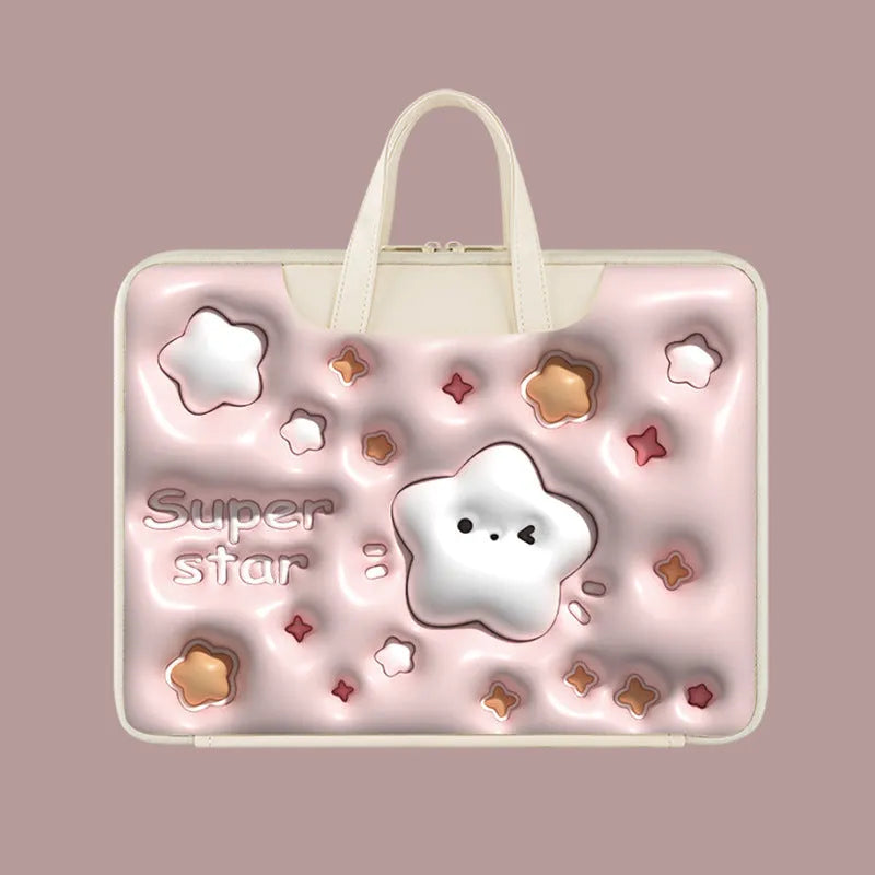 Inflatable PU leather laptop bag with hanging handle in panda pattern design for 15-inch laptops