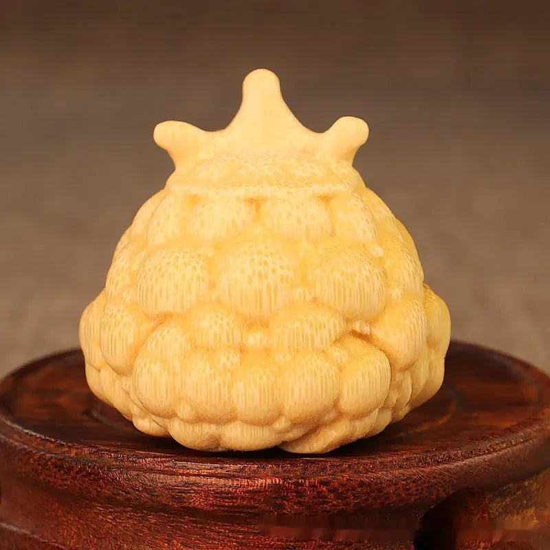 Solid bamboo carving of a cute Crown Princess toad ornament with 5.0 live eye detail.