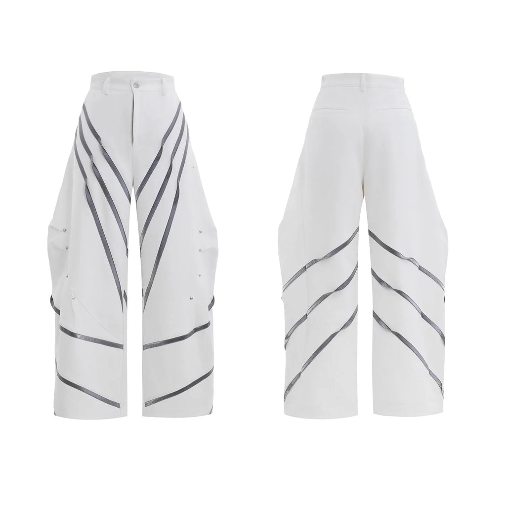 Men's polyester trousers with three-dimensional cutting and metal striped rivet pleated design