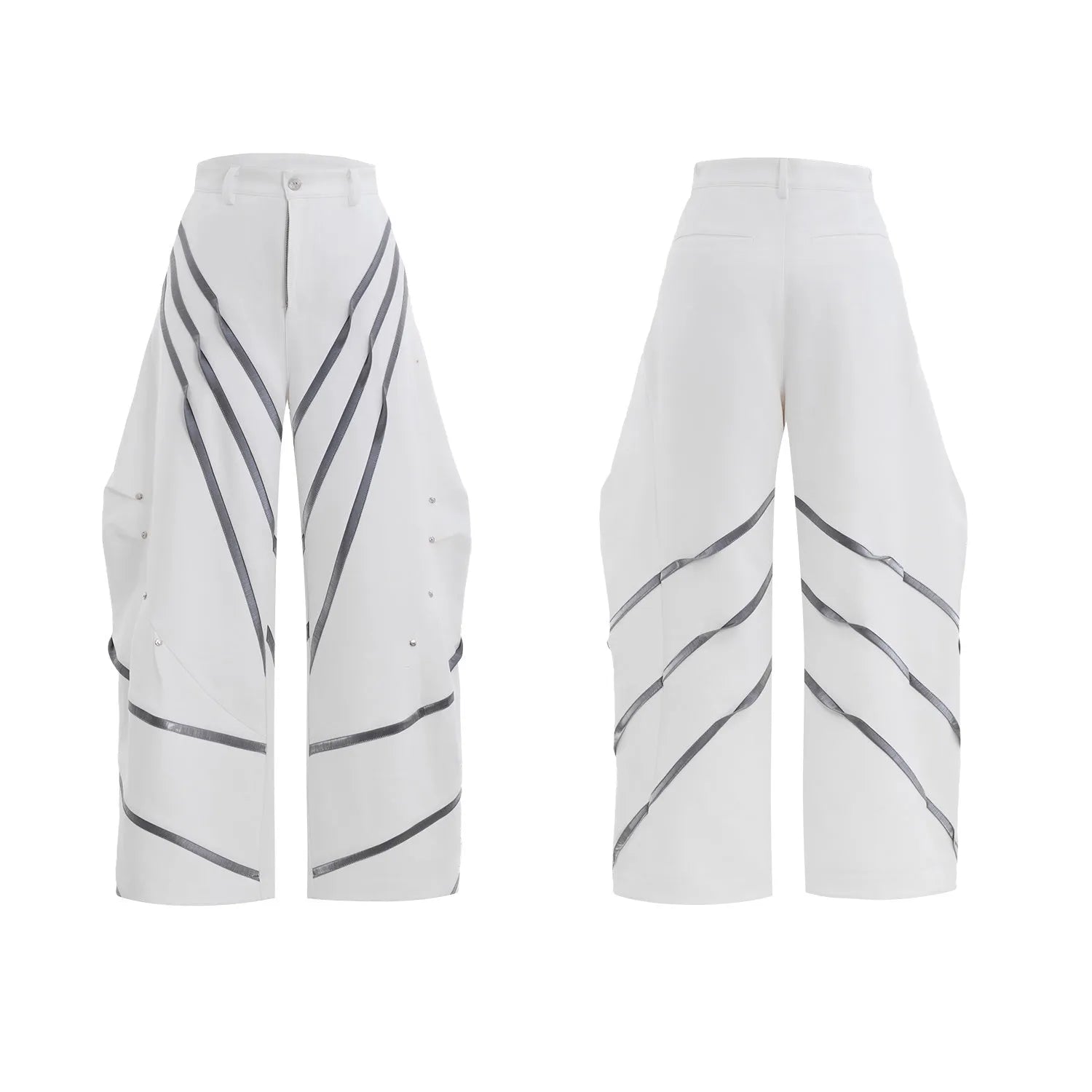 Men's polyester trousers with three-dimensional cutting and metal striped rivet pleated design