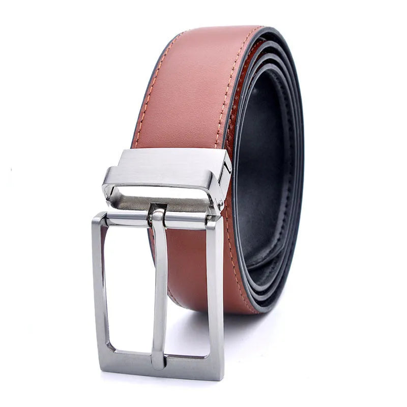 Men's brown and black genuine leather belt with a silver rotating pin buckle, shown on a flat surface.