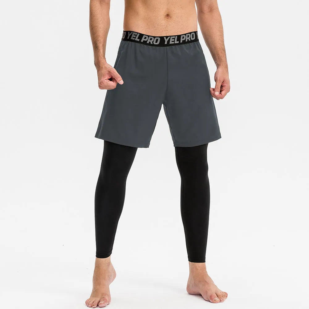 Man wearing grey high elastic tight pants for fitness training.