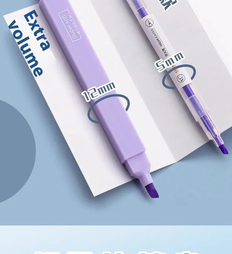 Set of double-headed fluorescent marking pens showing fine and broad tips, in mixed colours.