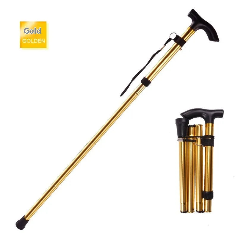 Aluminium folding walking stick extended to show adjustable height and rubber tip