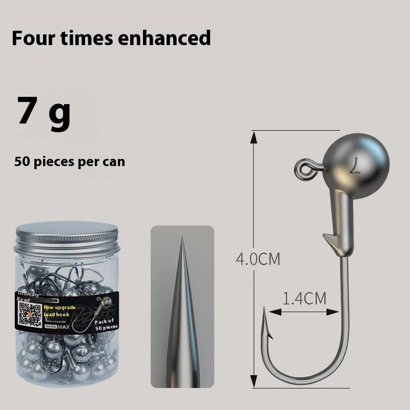 Pack of 50 steel jig fishing hooks in 7G size with primary colour finish.