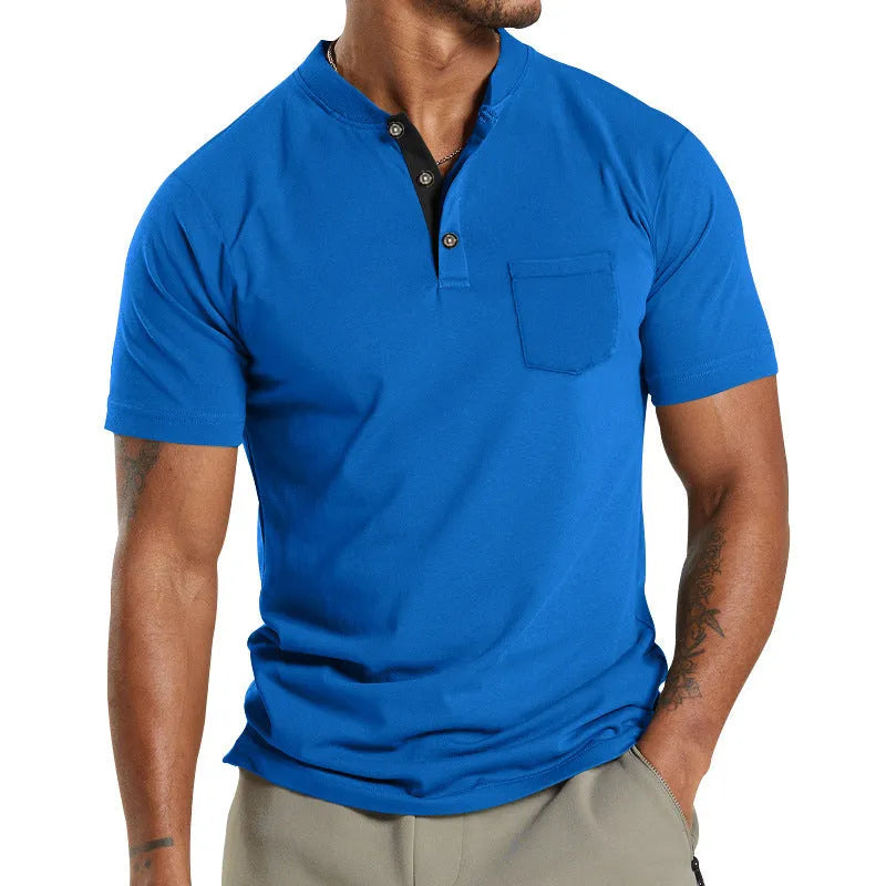 Plus size man modelling a solid colour short sleeve shirt with a chest pocket.