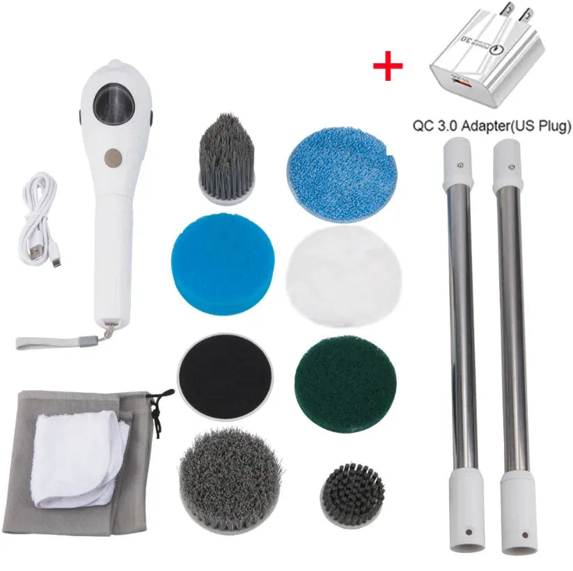 White handheld electric cleaning ball with a brush attachment on a household surface.