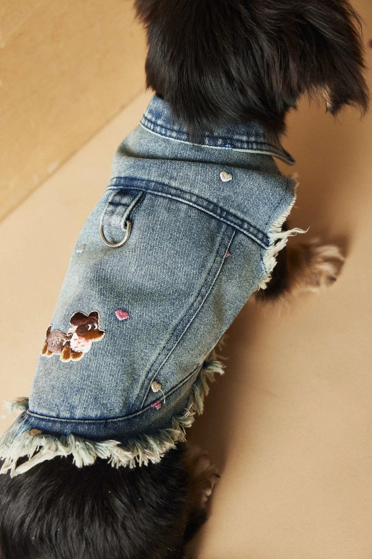 Embroidered raw edge denim vest for small dogs Maltese Schnauzer Teddy Bear sleeveless casual wear