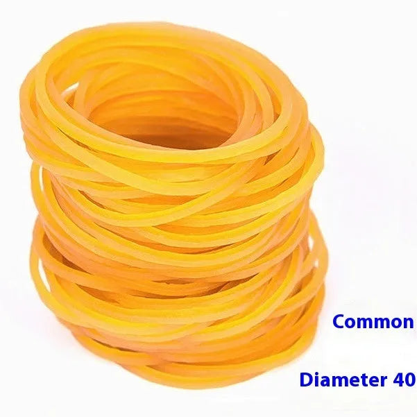 500g pack of assorted large yellow rubber bands in sizes from 25mm to 70mm diameter.