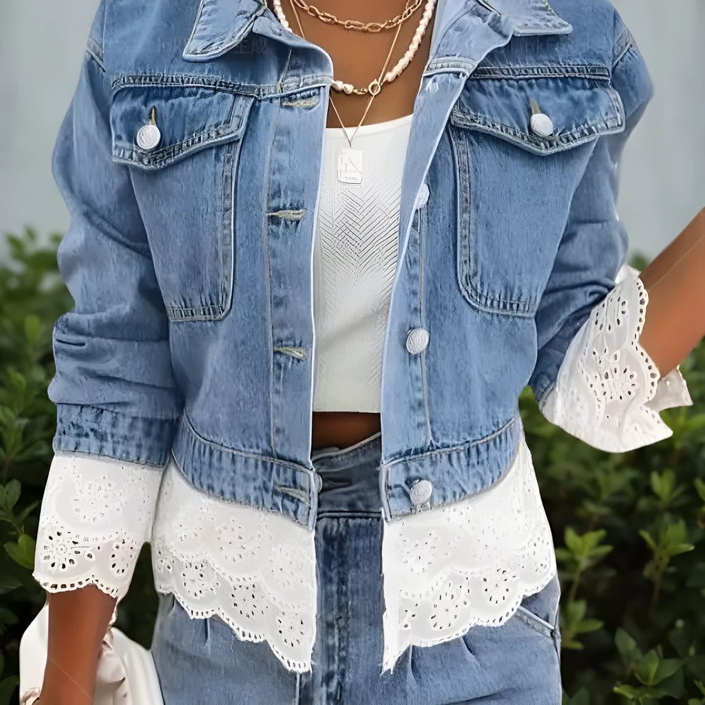 Blue lace stitching denim jacket for women with long sleeves and cotton composition
