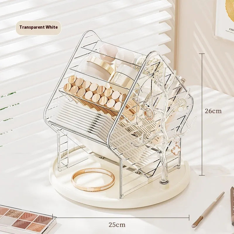 360 degree rotating cosmetics storage organiser box in clear and Amber Gold colours on a table.