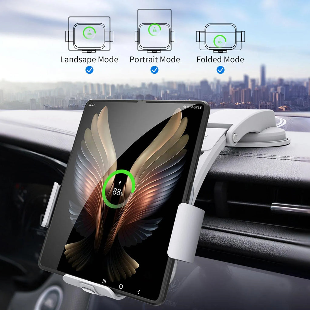 Grey wireless car phone holder with folding screen showing air conditioner clip and suction cup mounting options