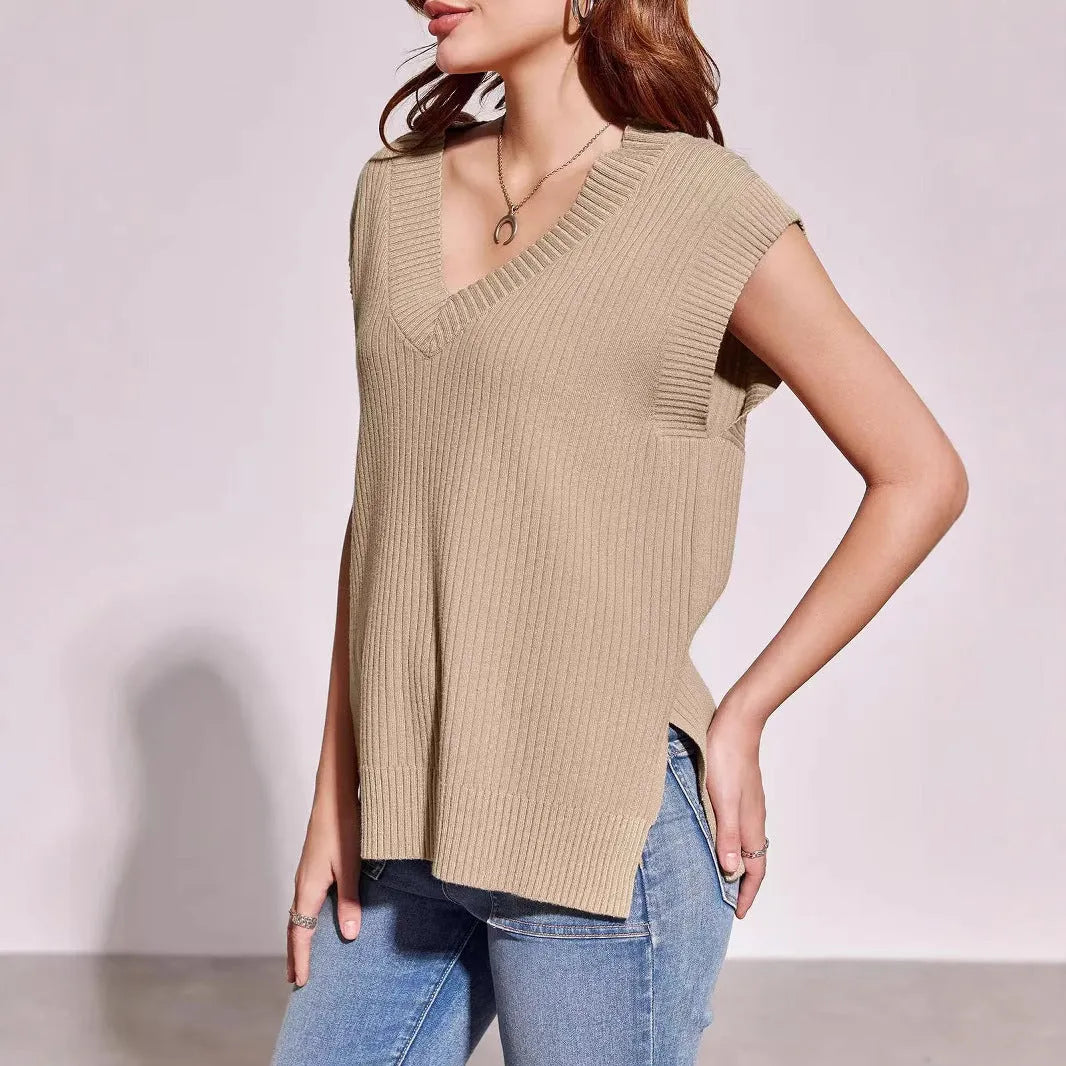 Camel and white V-neck sleeveless pullover vest showing striped and plaid pattern options