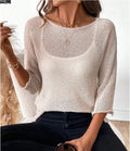Women's knitted off-shoulder overall jumper in lavender purple with a 3D pattern and 3/4 sleeves.