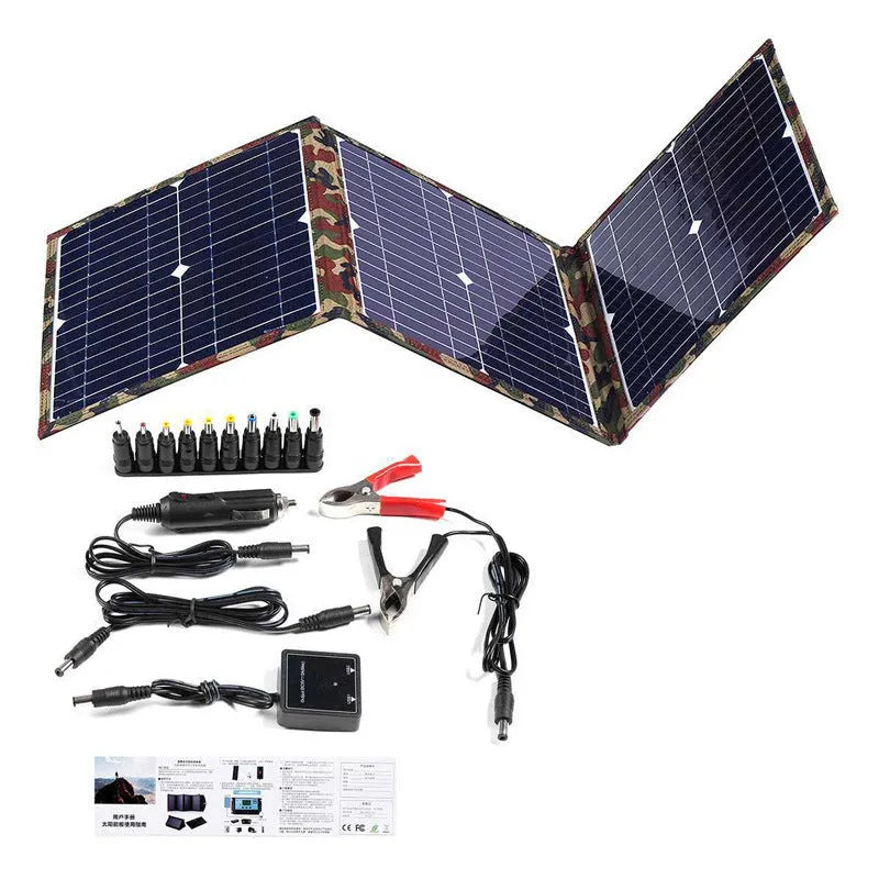Black foldable 36W solar panel unfolded showing three monocrystalline cells with connection cables