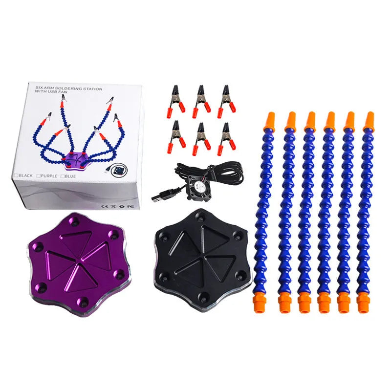 Black and purple aluminium alloy welding station with six claws and seven auxiliary arms for model repair